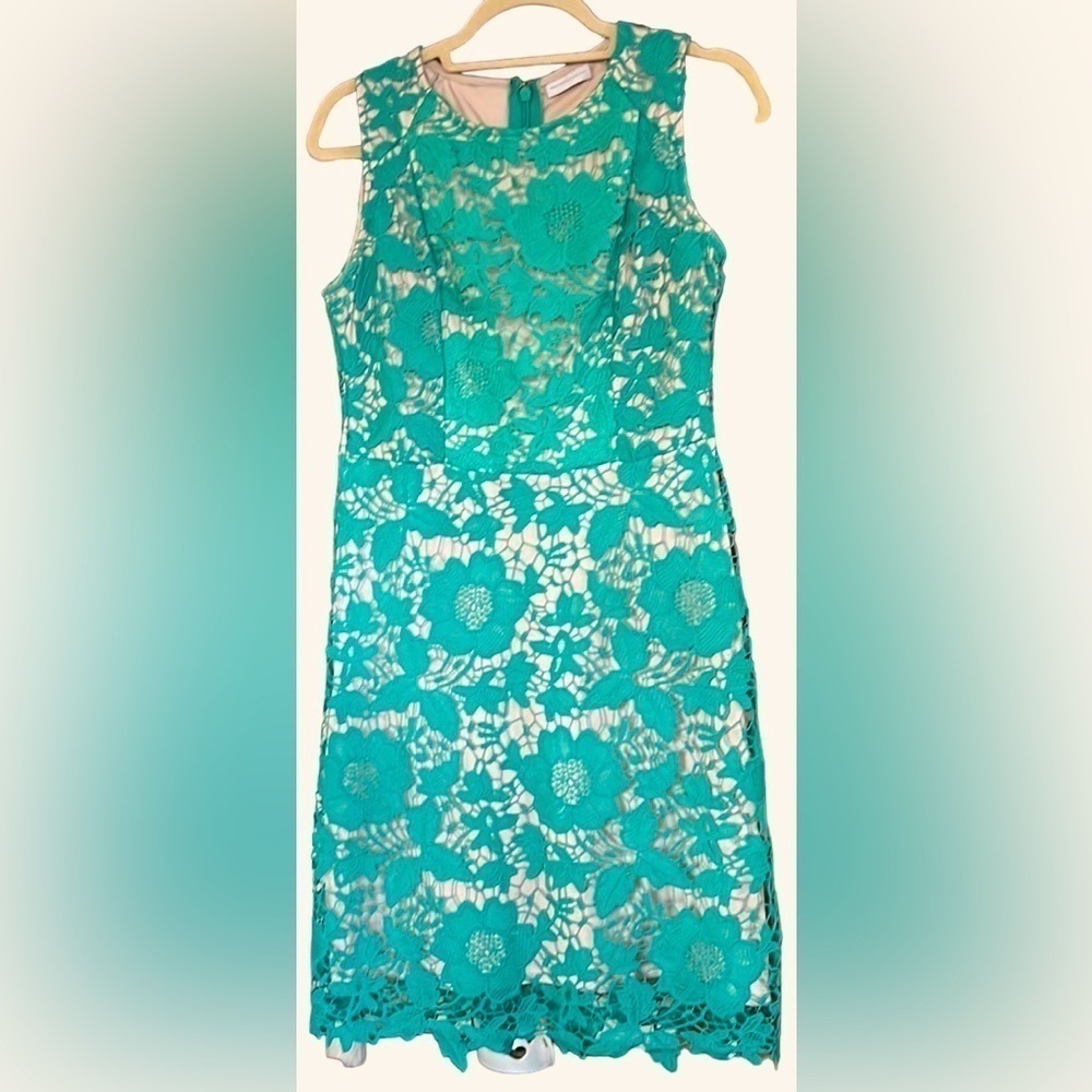 NEW YORK & COMPANY Aqua Green/Cream Lace Detail Sleeveless Sheath Dress, 6,GUC.